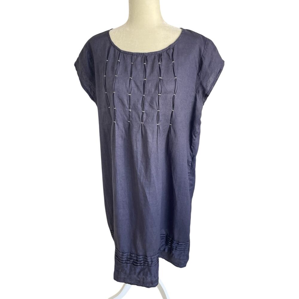 Sundance Linen Pintucked Short Sleeve Shift Dress Blue Sz Large Coastal Cottage - Picture 3 of 10